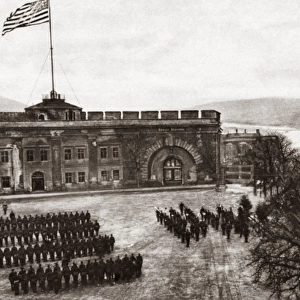 WORLD WAR I: FORTRESS. American flag being raised over Fort Ehrenbreitstein, a