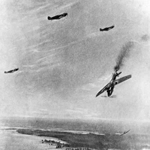 German plane being shot down by soviet fighter planes during a dogfight on the northwestern front