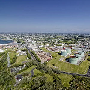 Cityscape of New Plymouth, industrial park, oil tanks, North Island, New Zealand