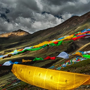 Colourful flag with Tibetan landscape