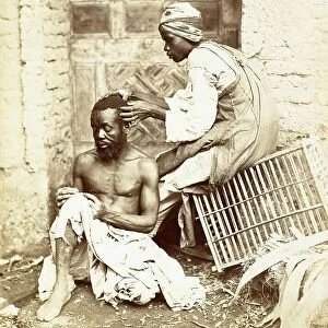Hunting for Fleas, Man examining the hair of another for fleas and vermin, c. 1870, India, Historic, digitally restored reproduction from an original of the period