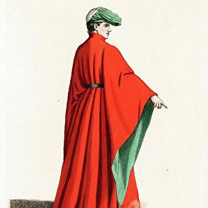 Costume d'un jeune homme de Florence (Italy), 14th century - Young man of Florence, 14th century - He wears a green bonnet with white veil, scarlet simar with huge hanging sleeves lined in green
