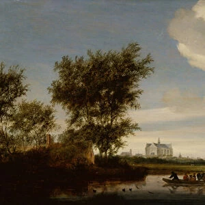 A Distant View of Alkmaar with Peasants and Cattle on a Ferry, 1657 (oil on panel)