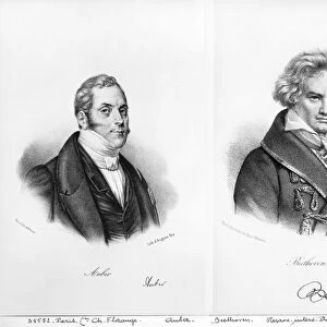 Esprit Auber (1782-1871) and Ludwig van Beethoven (1770-1827) (litho) (b / w photo)