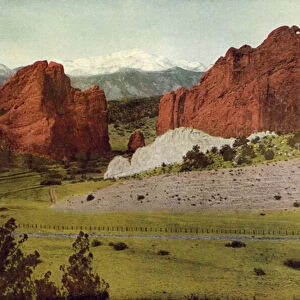 Gateway, Garden of the Gods, Colorado, Pikes Peak in the Distance (coloured photo)
