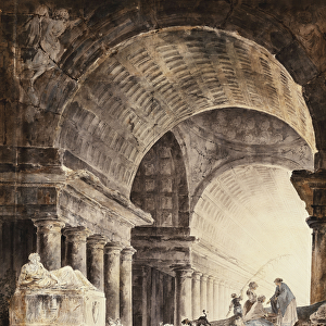 A Great Cross-Vaulted Building, with Women and Children and a Dog by Broken Columns