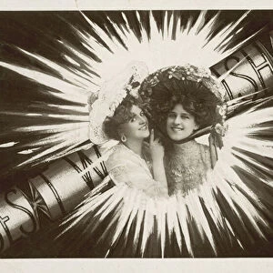 Greetings card with two girls and a cracker (b / w photo)