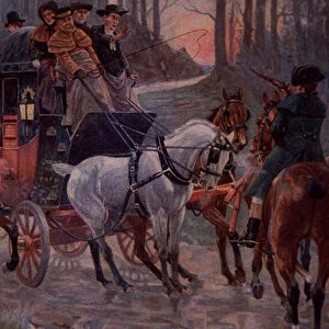 Highwayman holds up stagecoach in the early 19th century (colour litho)