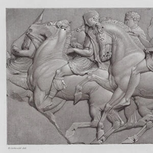 Horsemen, ancient Greek marble relief from the Parthenon Frieze (engraving)