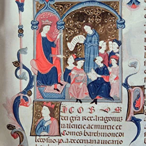 King James I the Conqueror presiding over a session of the Cortes, from the manuscript, Book of the Usatges and Constitutions of Catalonia (the Usatges and Commemorations of Pere Albert) (vellum)