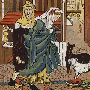 Lady crossing the street in the Middle Ages (colour litho)