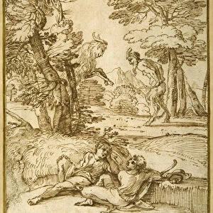 A landscape with two shepherds lads resting, while a satyr and a goat dance