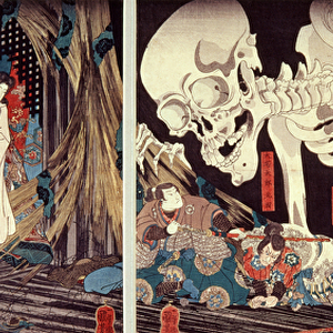 Mitsukini Defying the Skeleton Spectre, c. 1845 (hand coloured woodcut print)