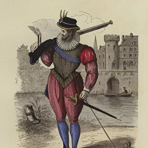 Musketeer of the reign of Henry III of France, 1586 (coloured engraving)