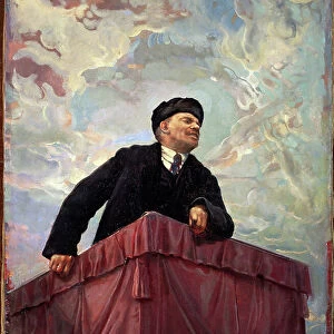 Portrait de Vladimir Lenine (Lenin) (1870-1924), homme politique et revolutionnaire russe a la tribune. 1927. Peinture de Isaak Izrailevich Brodsky (Brodski) (1884-1939). Saint-Petersbourg, Musee Russe