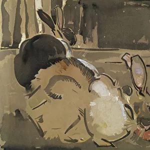 Two Rabbits, One Eating Carrots (wash and bodycolour on paper)