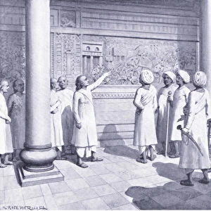 Rajaraja Chola inspects the bas-relief of his exploits at Tanjure 995 AD (litho)