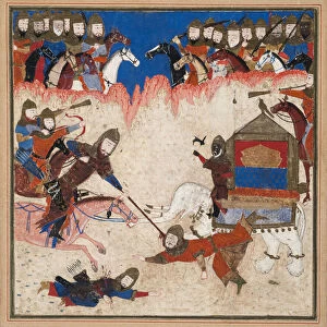 Rustam lassos the Khaqan of China and pulls him from his elephant, c