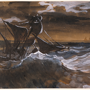 Sailboat on a Raging Sea, c. 1818-9 (brush and brown wash, watercolour over black chalk)