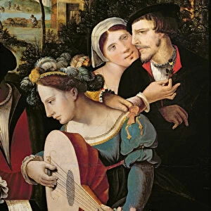 Scene Galante at the Gates of Paris, detail of a couple and a lute player (oil on canvas)