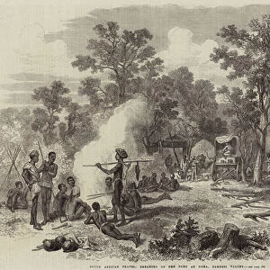 South African Travel, breaking up the Camp at Daka, Zambesi Valley (engraving)