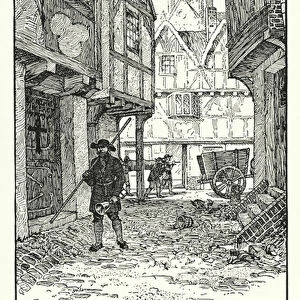 Street Scene in London during Great Plague, 1665 (litho)