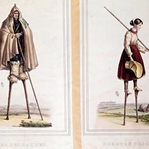 Traditional costume: shepherd and shepherd of the Landes, climbs on echasse to move. Engraving by Gustave de Galard (1779-1841). 19th century. Decorative Arts, Paris
