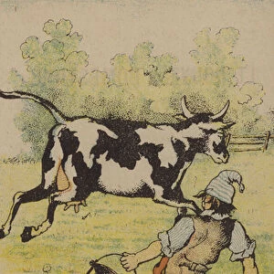 An unsuccessful attempt to milk a cow (colour litho)