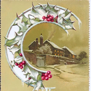 A Victorian Christmas card of holly and houses at night time, c. 1880 (colour litho)