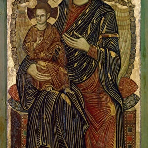 "Vierge a l enfant sur le trone"(Virgin and Child enthroned) L aureole de Jesus Christ est marquee d une croix. Peinture anonyme d un artiste de Pise. Tempera sur bois. 1280 environ Musee Pouchkine, Moscou