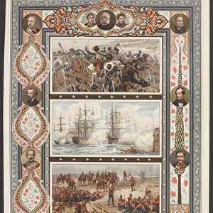 Three vignettes depicting naval and land battle scenes, including R Caton Woodville