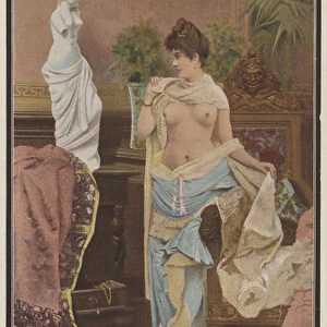 Woman comparing herself with a statue of Venus de Milo (colour litho)