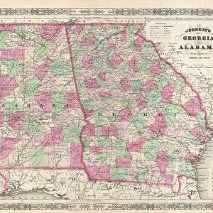 1865, Johnson Map of Georgia and Alabama, topography, cartography, geography, land