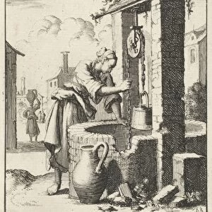 Wife gets a bucket of water from a well, Jan Luyken, Pieter Arentsz (II), 1687