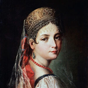Portrait of a Young woman in Sarafan and Kokoshnik, 1820s. Artist: Mauro Gandolfi