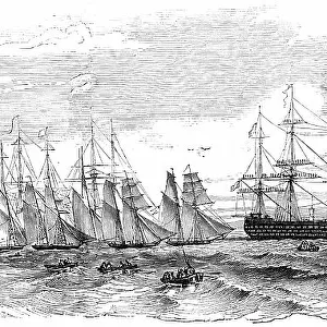 The Royal Yacht Squadron Saluting the French Squadron - sketched by the Hon. Dudley Pelham, 1850. Creator: Unknown