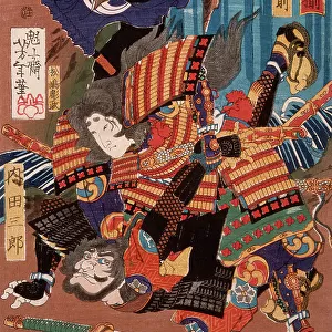 Tomoe Gozen, Wife of Kiso Yoshinaka, Defeating Uchida Saburo, 1865. Creator: Tsukioka Yoshitoshi