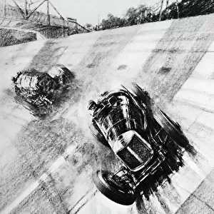 Whitney Straight (Maserati) at the Members Bridge turn, Brooklands, 1933, (1937). Artist: Gordon Crosby