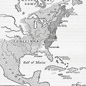 Map showing Britain, France and Spain in America, 1750. From A Short History of the World, published c. 1936