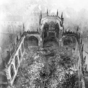 Aerial view showing the ruins of Coventry Cathedral after it was destroyed by the German