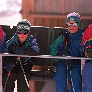 PRINCE HARRY & PRINCE WILLIAM SEATED ON SKI CHAIR DURING SKIING HOLIDAY IN LECH