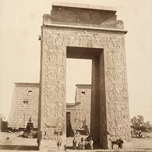 View of the entrance to the temple of Khonsu built by Ramses III with a grand Ptolemaic age portal added during the reign of Ptolemy III, near Karnak