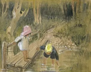 Two children playing in a stream by Muriel Dawson